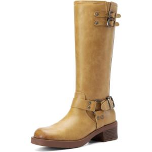 DREAM PAIRS Women’s Knee High Boots Combat Boots Goth Boot Lace Up Adjustable Buckles Chunky Low Heel Fall Booties with Side Zipper to Put on and off(Yellow)