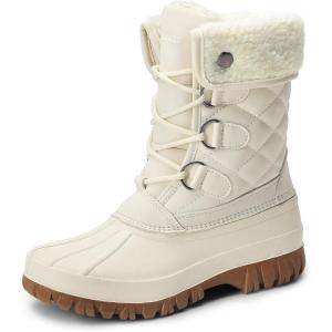 DREAM PAIRS Women’s Winter Duck Boots Mid Calf Warm Insulated Faux Fur Lined Waterproof Lace Up Snow Boots(Beige)
