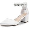 DREAM PAIRS ANNEE Pointed Toe Low Chunky Heels Pump Shoes(White-rhinestone)