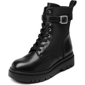 DREAM PAIRS Women’s Combat Platform Boots Lace Up Lug Sole Buckle Ankle Booties Shoes(Black-pu)