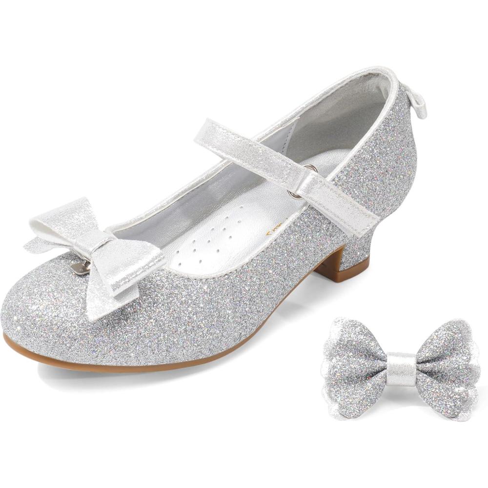 imageDREAM PAIRS Girls Dress Shoes Toddler Little Girls Heels Mary Jane Princess Shoes with Interchangeable Bow for Flower Girl Wedding PartySilver