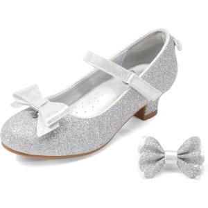 DREAM PAIRS Girls Dress Shoes Toddler Little Girls Heels Mary Jane Princess Shoes with Interchangeable Bow for Flower Girl Wedding Party(Silver)