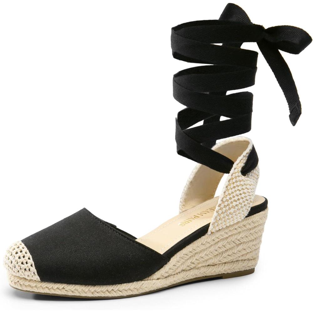 imageDREAM PAIRS Womens Wedge Sandals Platform Close Toe Espadrilles Strappy Lace Up Sandals Cute Fashion Comfortable Dressy Beach Vocation Summer ShoesBlackBeigecanvas