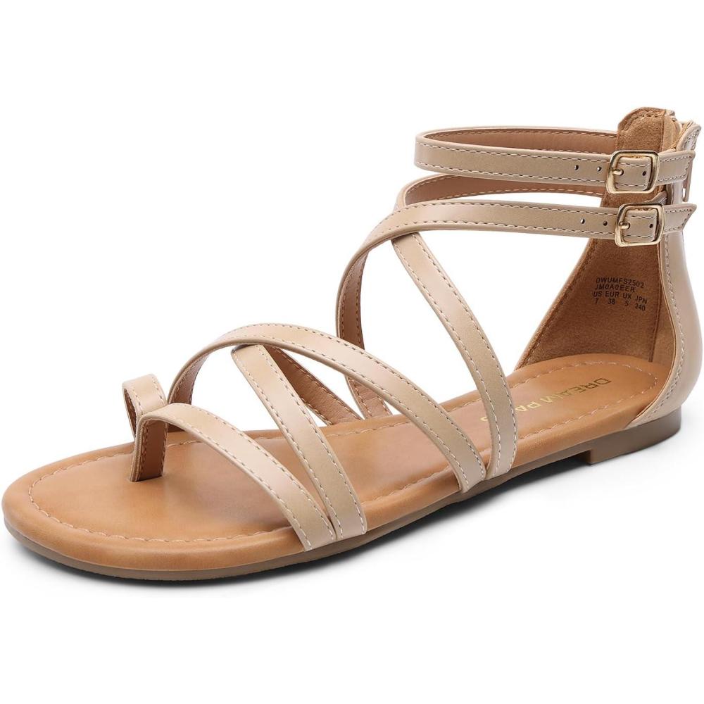 imageDREAM PAIRS Womens Dressy Gladiator Summer Cross Strappy Sandals Comfort Flat Casual Beach Fisherman Thong sandalsNude
