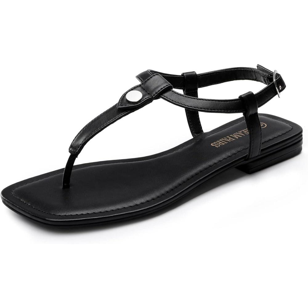imageDREAM PAIRS Womens TStrap Thong Flat Sandals with Cute Square Toe Strappy for SummerBlack