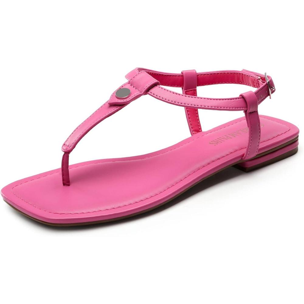 imageDREAM PAIRS Womens TStrap Thong Flat Sandals with Cute Square Toe Strappy for SummerHot Pink