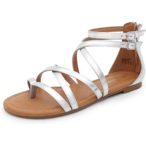 DREAM PAIRS Women’s Dressy Gladiator Summer Cross Strappy Sandals Comfort Flat Casual Beach Fisherman Thong sandals(Silver)