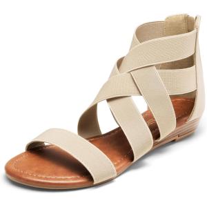 DREAM PAIRS Women’s Elastic Ankle Strap Low Wedges Sandals(Nude)