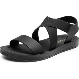 DREAM PAIRS Women’s Open Toe Elastic Ankle Strap Flat Summer Sandals(All Black-elastic)