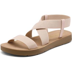 DREAM PAIRS Women’s Open Toe Elastic Ankle Strap Flat Summer Sandals(Nude)