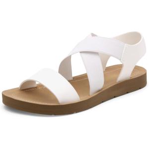 DREAM PAIRS Women’s Open Toe Elastic Ankle Strap Flat Summer Sandals(White)
