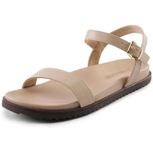 DREAM PAIRS Women’s Open Toe Flat Sandals Cute One Band Comfort Arch Support Sandals(Nude)