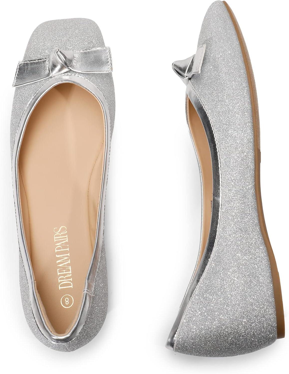 imageDREAM PAIRS Womens Low Wedge Dressy Flats Comfortable Square Toe Rhinestone Wedding ShoesSilverglitter