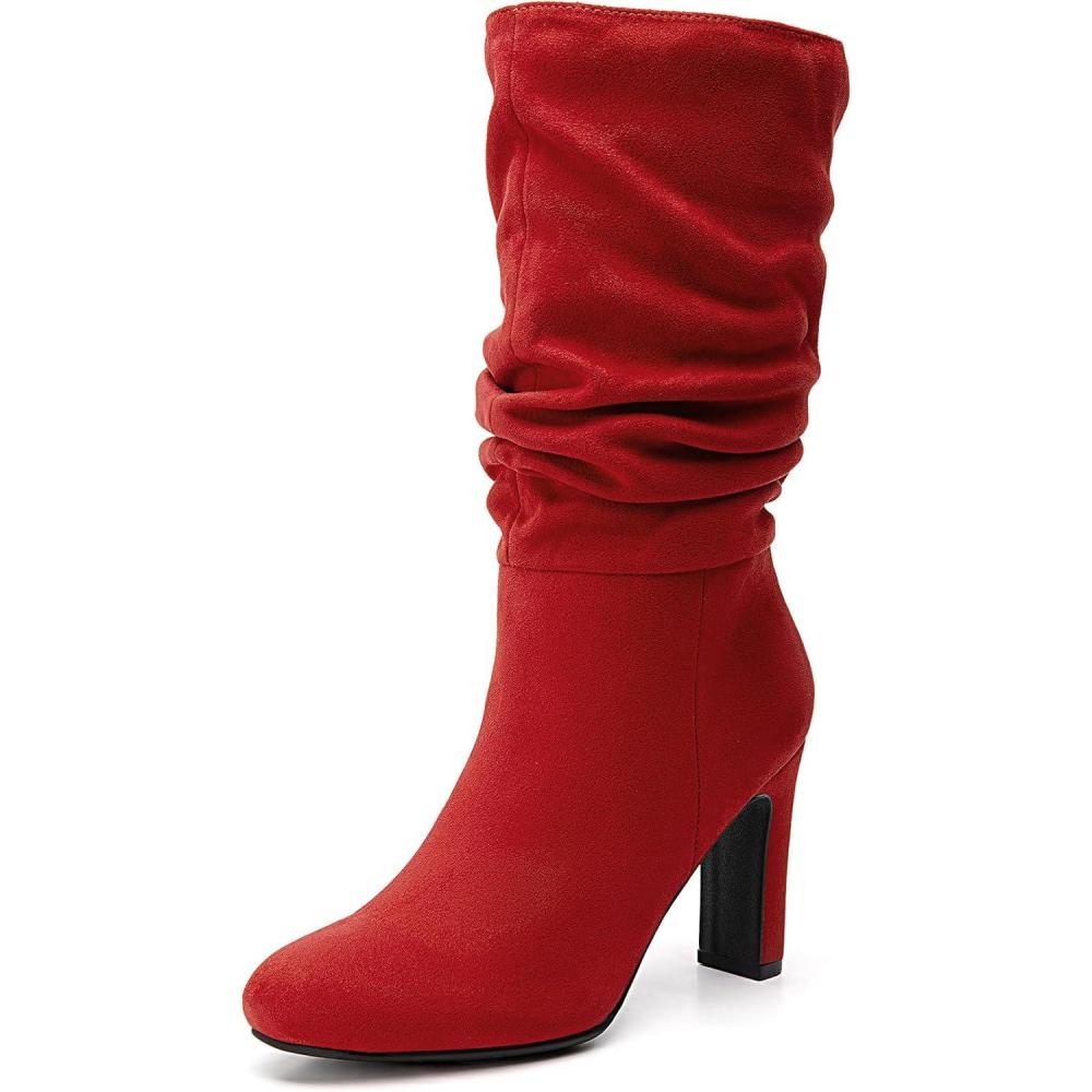 imageDREAM PAIRS Slouch Boots for Women Mid Calf Womens Fashion Almond Toe High Heel Fall Winter Dressy BootsRedsuede