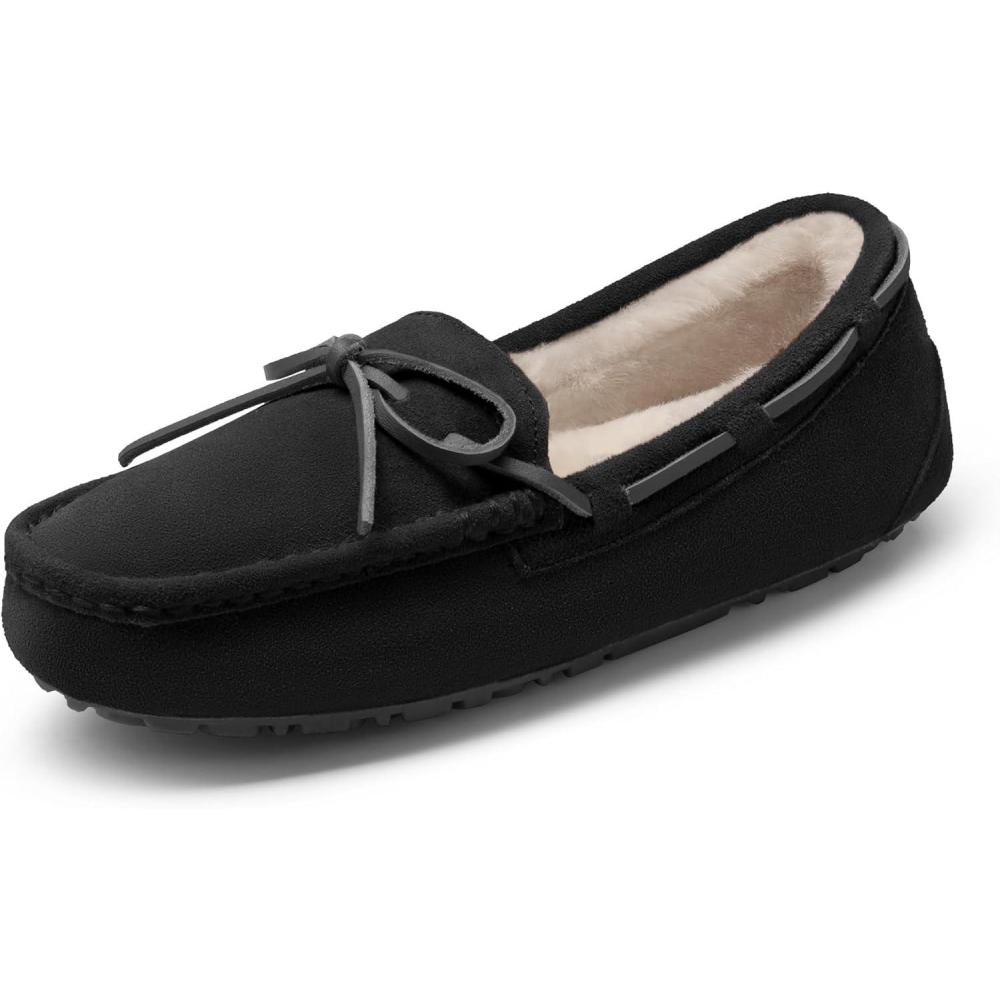 imageDREAM PAIRS Womens House Slippers Indoor Outdoor Moccasin Fuzzy Fluffy Furry Loafers Suede Leather Warm ShoesBlack