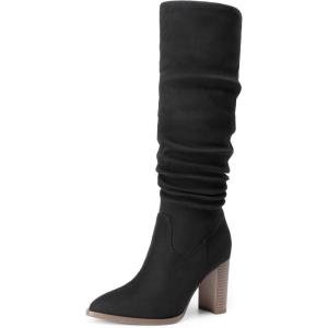 DREAM PAIRS Women’s Knee High Boots Pointed Toe Chunky Block Heel Suede Boots Comfortable for Women with Side Zipper Fashion Slouchy Tall Boots(Black)