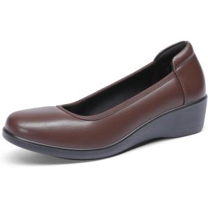 DREAM PAIRS Women’s Low Wedges Heels Pumps Comfortable Slip-on Round Toe Dress Work Shoes for Office Business(Brown)