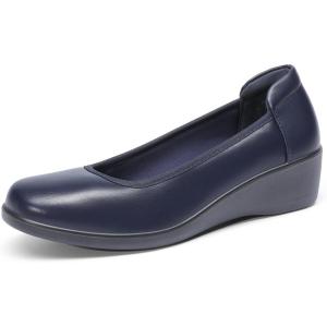 DREAM PAIRS Women’s Low Wedges Heels Pumps Comfortable Slip-on Round Toe Dress Work Shoes for Office Business(Navy)