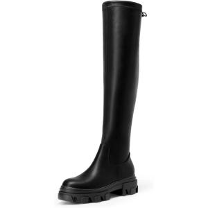 DREAM PAIRS Women’s Over The Knee Platform Thigh High Boots Long Stretch Soft Chunky Lug Sole Fall Boots(Black/Pu)