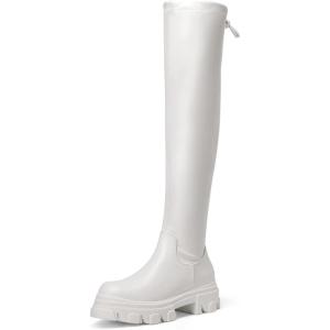 DREAM PAIRS Women’s Over The Knee Platform Thigh High Boots Long Stretch Soft Chunky Lug Sole Fall Boots(White/Pu)