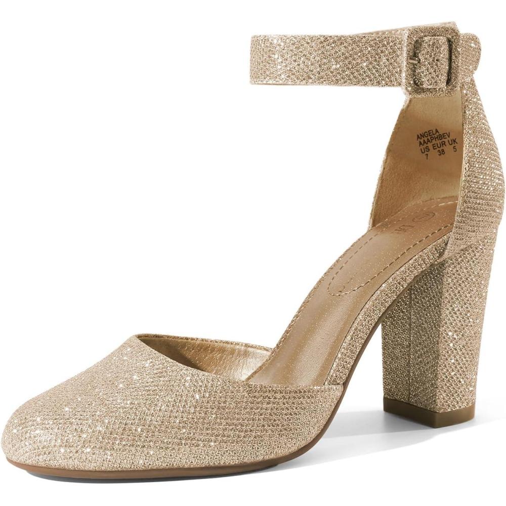 imageDREAM PAIRS Womens High Heel Ankle Strap Closed Toe Chunky Wedding Pumps ShoesGoldGlitter
