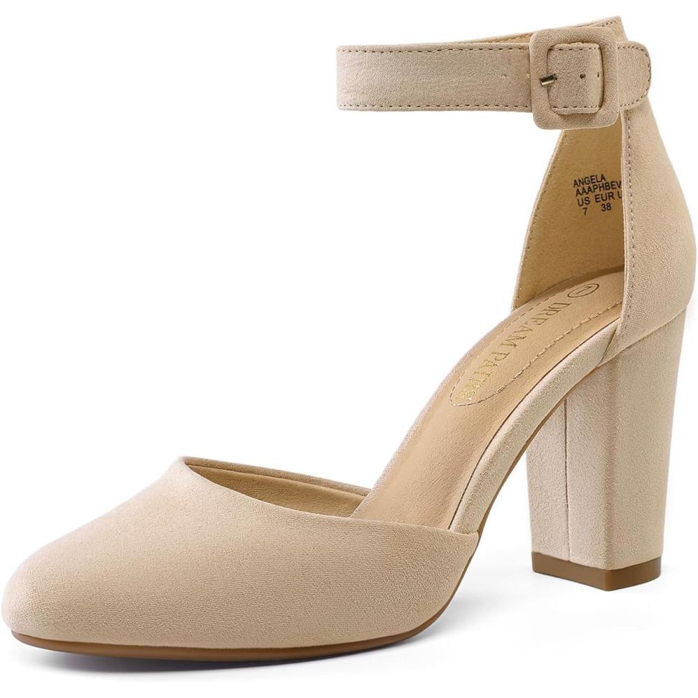imageDREAM PAIRS Womens High Heel Ankle Strap Closed Toe Chunky Wedding Pumps ShoesNudeSuede