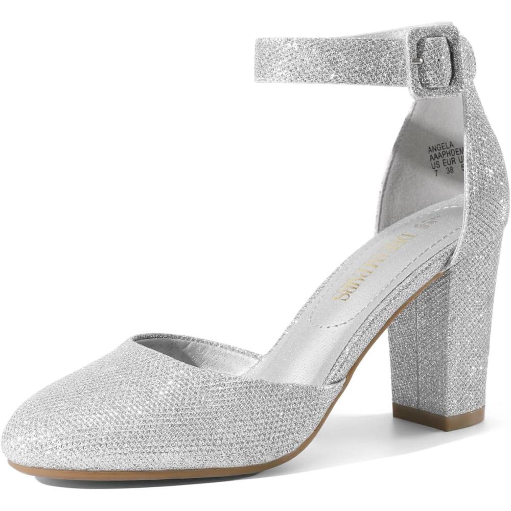 imageDREAM PAIRS Womens High Heel Ankle Strap Closed Toe Chunky Wedding Pumps ShoesSilverGlitter