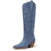 DREAM PAIRS Cowgirl Boots Women Knee High Cowboy Boots Pointed Toe Chunky Block Heel Suede Tall Western Boots with Embroidered(Blue)