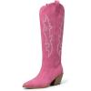 DREAM PAIRS Cowgirl Boots Women Knee High Cowboy Boots Pointed Toe Chunky Block Heel Suede Tall Western Boots with Embroidered(Hot Pink)