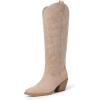 DREAM PAIRS Cowgirl Boots Women Knee High Cowboy Boots Pointed Toe Chunky Block Heel Suede Tall Western Boots with Embroidered(Nude)