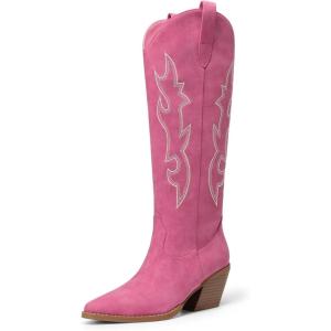 DREAM PAIRS Cowgirl Boots Women Knee High Cowboy Boots Pointed Toe Chunky Block Heel Suede Tall Western Boots with Embroidered(Hot Pink)