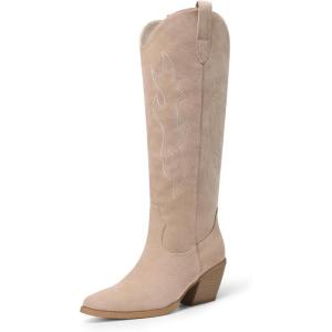 DREAM PAIRS Cowgirl Boots Women Knee High Cowboy Boots Pointed Toe Chunky Block Heel Suede Tall Western Boots with Embroidered(Nude)