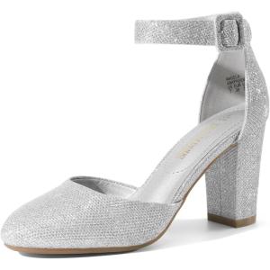 DREAM PAIRS Women’s High Heel Ankle Strap Closed Toe Chunky Wedding Pumps Shoes(Silver/Glitter)