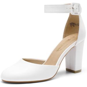 DREAM PAIRS Women’s High Heel Ankle Strap Closed Toe Chunky Wedding Pumps Shoes(White/Pu)