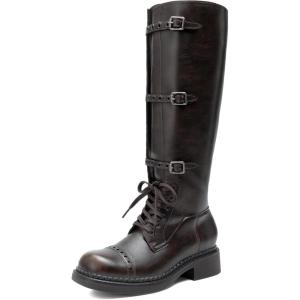 DREAM PAIRS Women’s Knee High Boots Combat Boots Goth Boot Lace Up Adjustable Buckles Chunky Low Heel Fall Booties with Side Zipper to Put on and off(Brown-1)