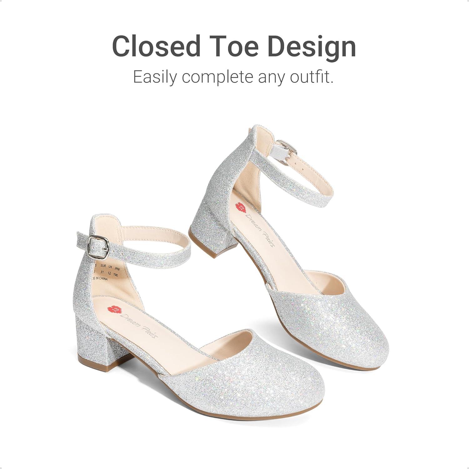 image:imageDREAM PAIRS Girls Dress Shoes Closed Toe High Heels Ankle Strap Toddler Little Big Kid Wedding Flower Party PumpAll Silver