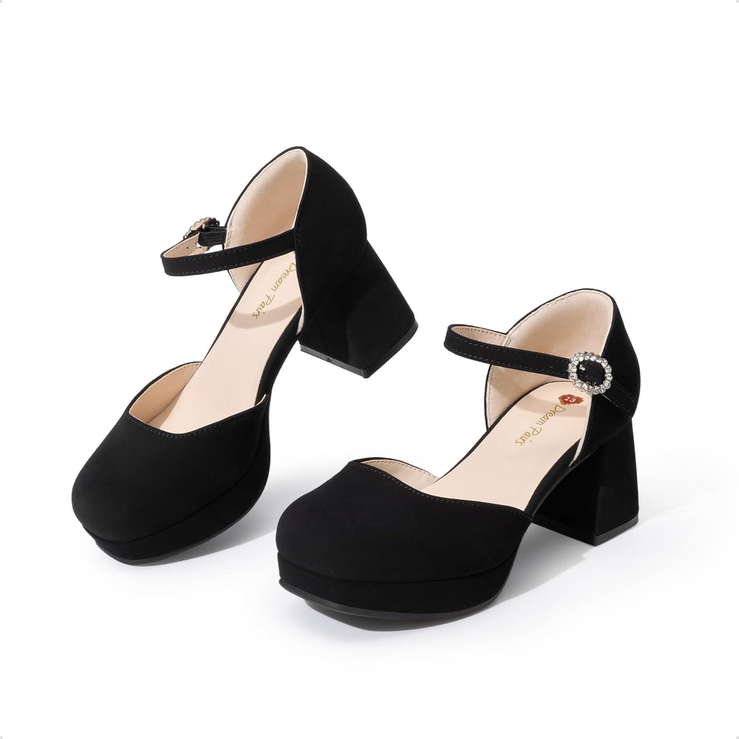 image:imageDREAM PAIRS Girls Dress Shoes Closed Toe Platform High Heels Ankle Strap Party Wedding Flower Pump for Little Big KidBlack