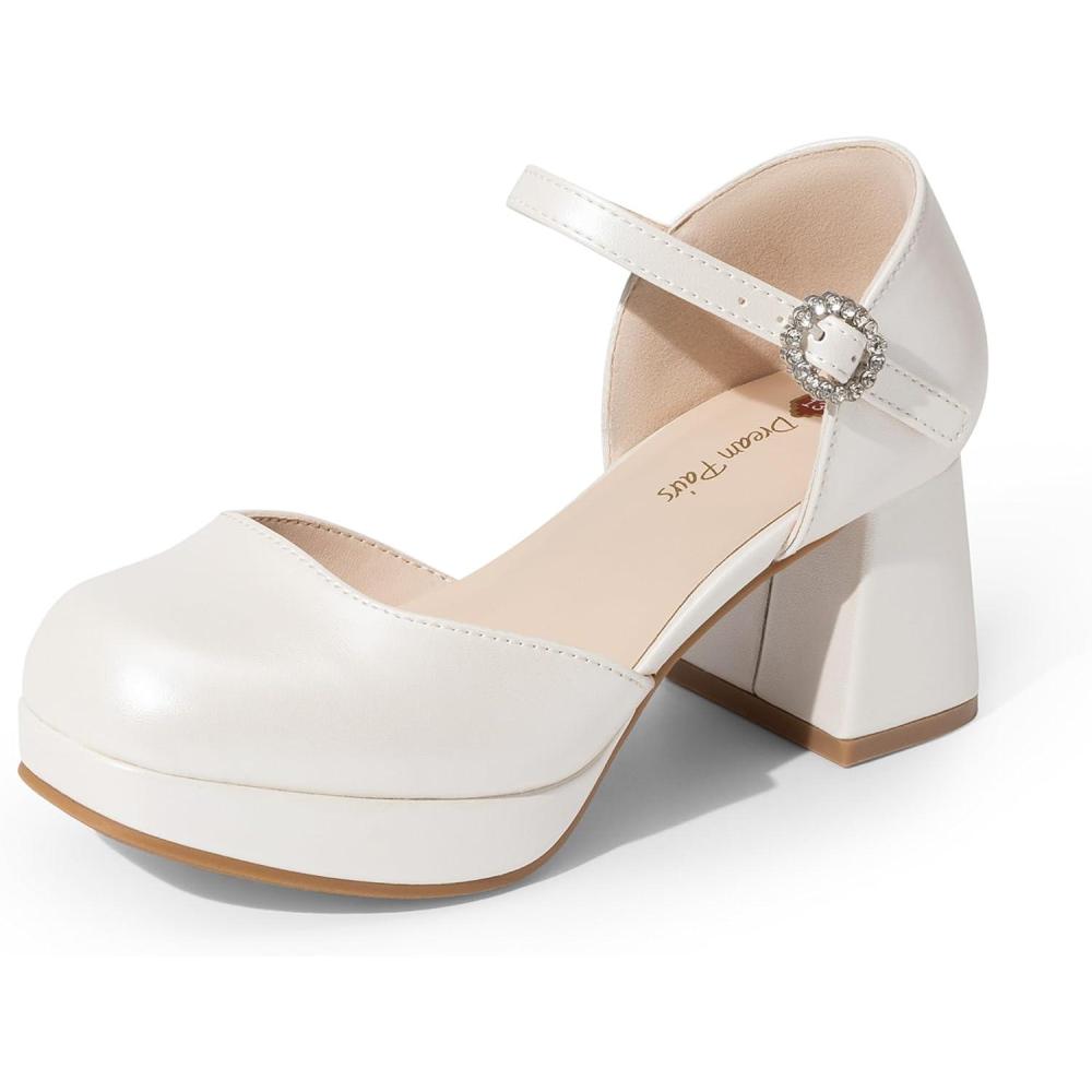 image:imageDREAM PAIRS Girls Dress Shoes Closed Toe Platform High Heels Ankle Strap Party Wedding Flower Pump for Little Big KidIvory