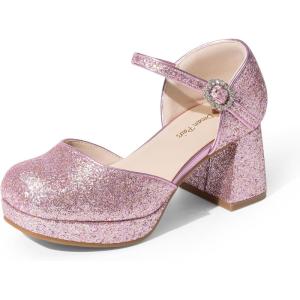 DREAM PAIRS Girls Dress Shoes Closed Toe Platform High Heels Ankle Strap Party Wedding Flower Pump for Little Big Kid(Pink)