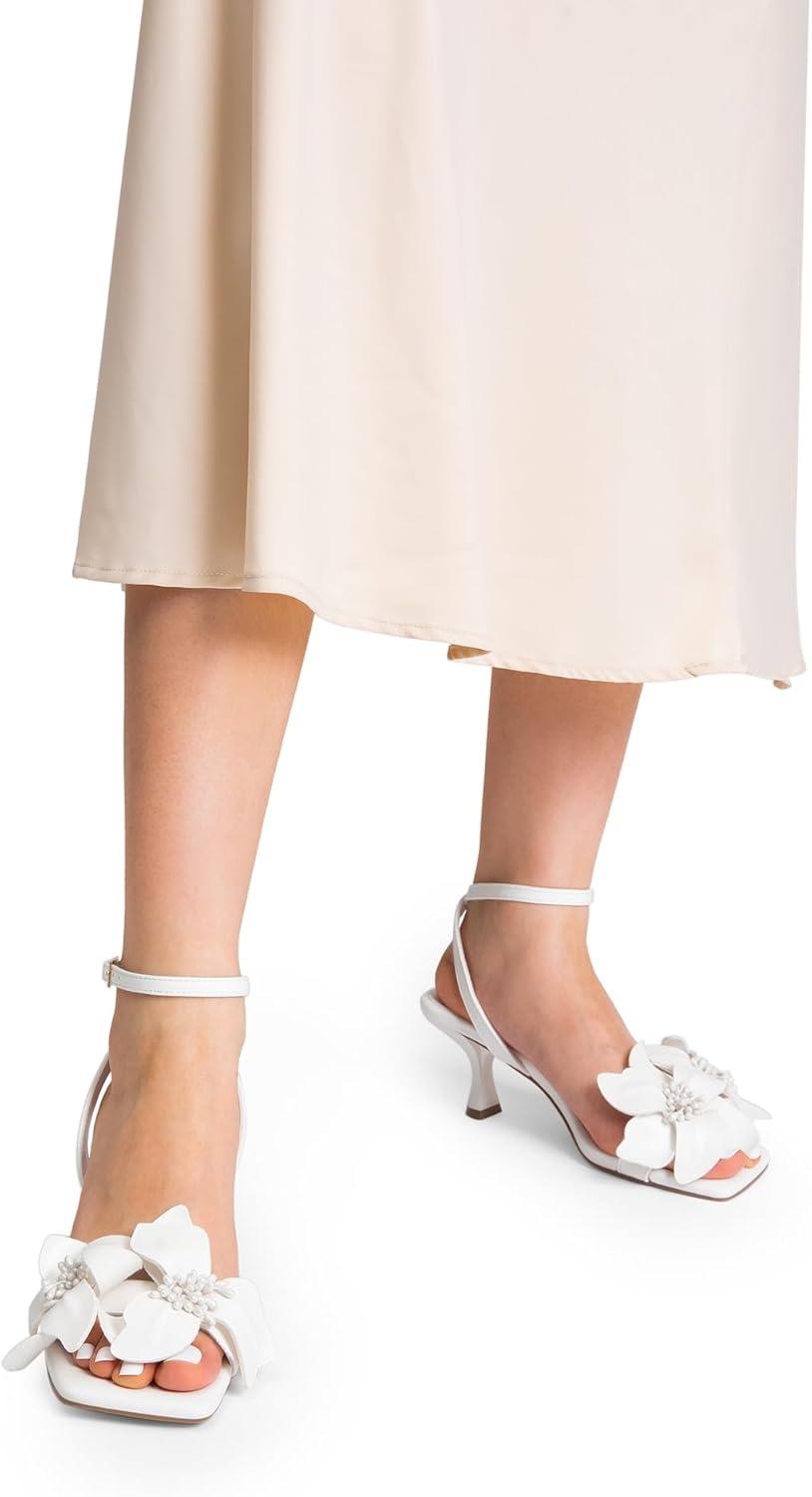 image:imageDREAM PAIRS Womens Flower Wedding Heels Cute Square Toe Slingback Low Kitten Heels Sandals with Ankle StrapWhitepu