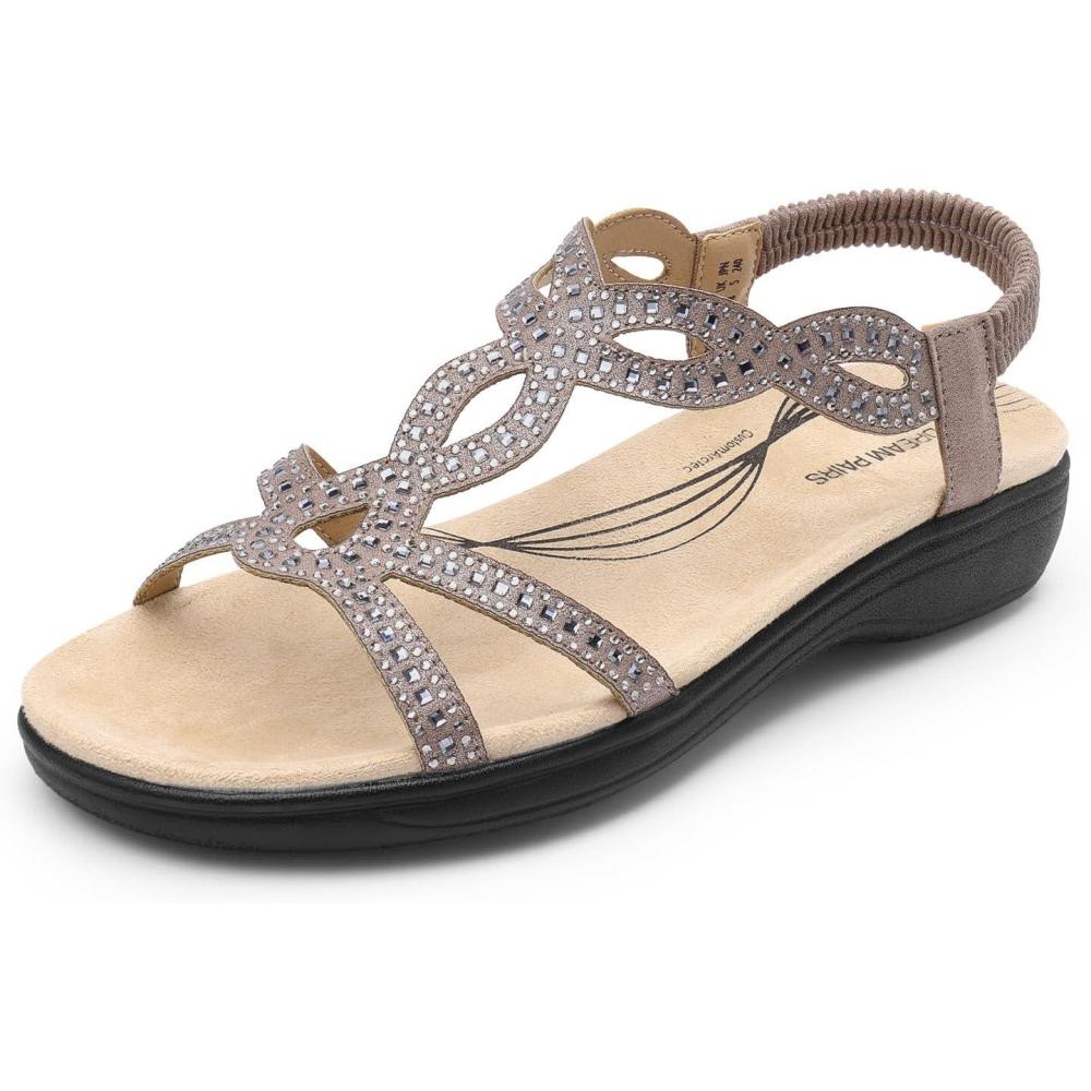 image:imageDREAM PAIRS Womens Comfort Dressy Rhinestone Summer Beach Sandals Slipon Flat Walking Orthopedic Sandals with Elastica Back StrapGrey