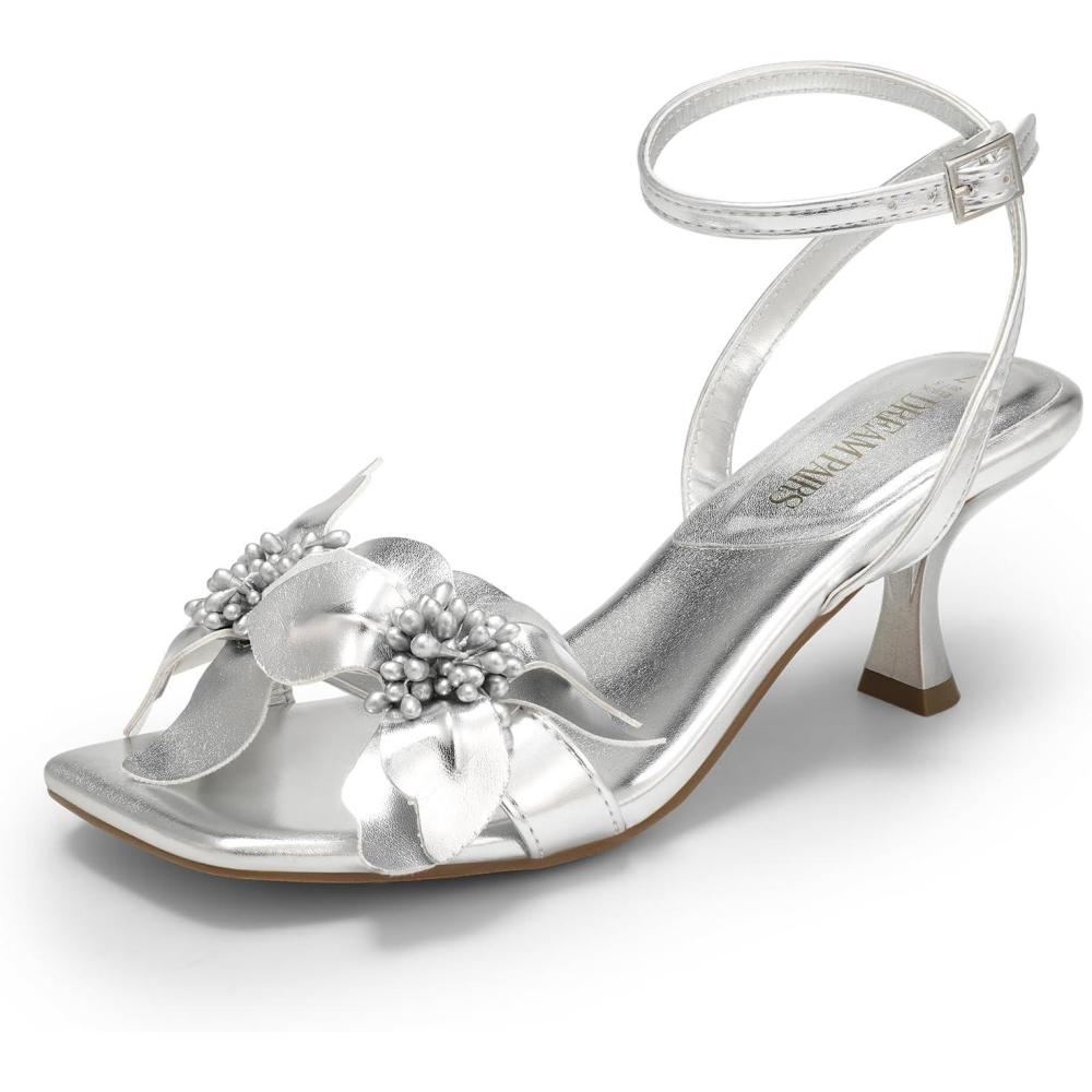 image:imageDREAM PAIRS Womens Flower Wedding Heels Cute Square Toe Slingback Low Kitten Heels Sandals with Ankle StrapSilverpu
