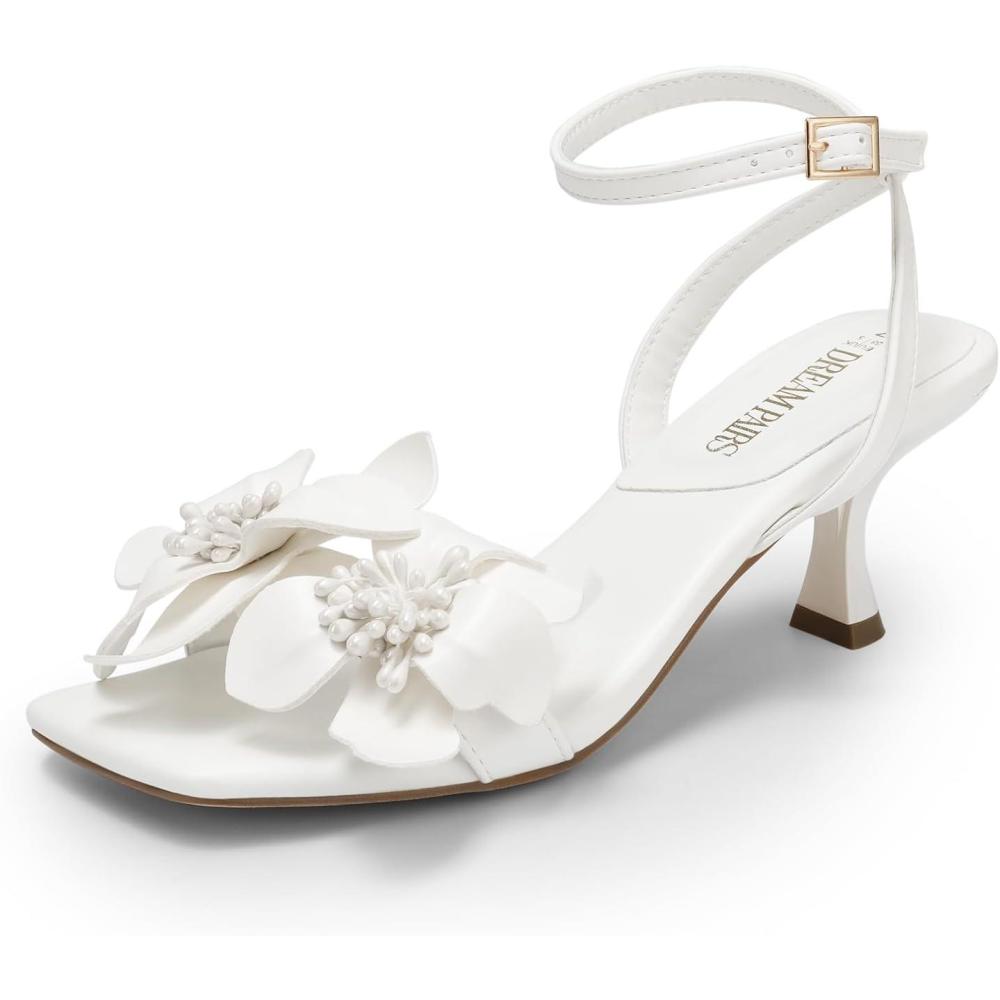 image:imageDREAM PAIRS Womens Flower Wedding Heels Cute Square Toe Slingback Low Kitten Heels Sandals with Ankle StrapWhitepu