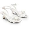 DREAM PAIRS Women’s Flower Wedding Heels Cute Square Toe Slingback Low Kitten Heels Sandals with Ankle Strap(White-pu)