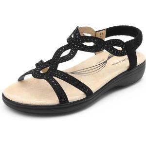 DREAM PAIRS Women’s Comfort Dressy Rhinestone Summer Beach Sandals Slip-on Flat Walking Orthopedic Sandals with Elastica Back Strap(Black)