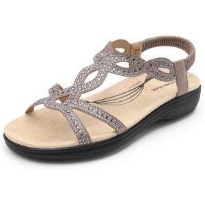 DREAM PAIRS Women’s Comfort Dressy Rhinestone Summer Beach Sandals Slip-on Flat Walking Orthopedic Sandals with Elastica Back Strap(Grey)
