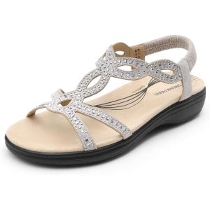 DREAM PAIRS Women’s Comfort Dressy Rhinestone Summer Beach Sandals Slip-on Flat Walking Orthopedic Sandals with Elastica Back Strap(Silver)