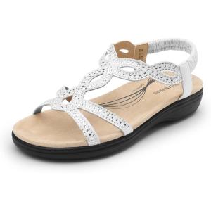 DREAM PAIRS Women’s Comfort Dressy Rhinestone Summer Beach Sandals Slip-on Flat Walking Orthopedic Sandals with Elastica Back Strap(White)