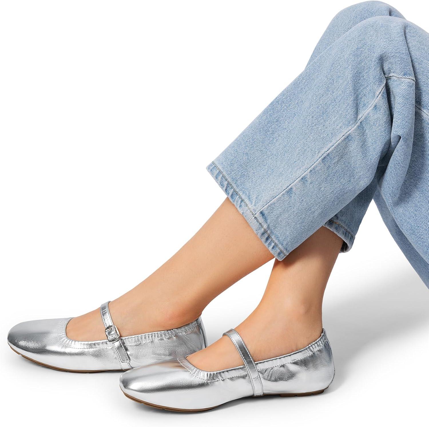 image:imageDREAM PAIRS Womens Ballet Flats Foldable Square Toe Mary Jane Flats Comfortable Slip On Dress Shoes Business Casual Work Mary Jane ShoesSilver