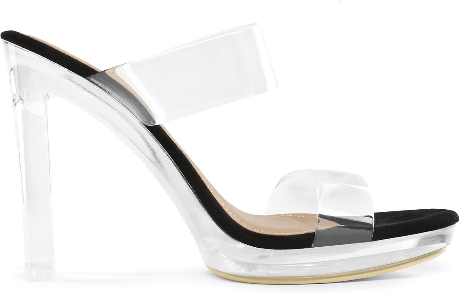 image:imageDREAM PAIRS Womens Clear Two Strap Open Toe High Block Chunky Slip on Dress Heel SandalsBlackClear